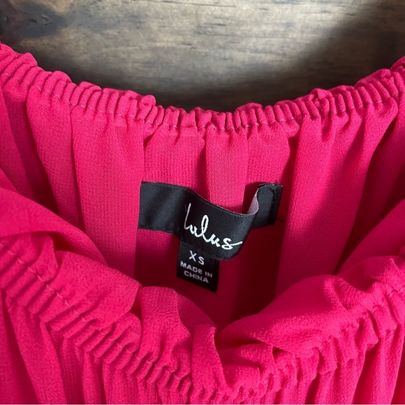 Lulus | Off Shoulder Tiered Ruffle Babydoll Mini Dress Hot‎ Pink Bow Tie Sleeves - Picture 12 of 12